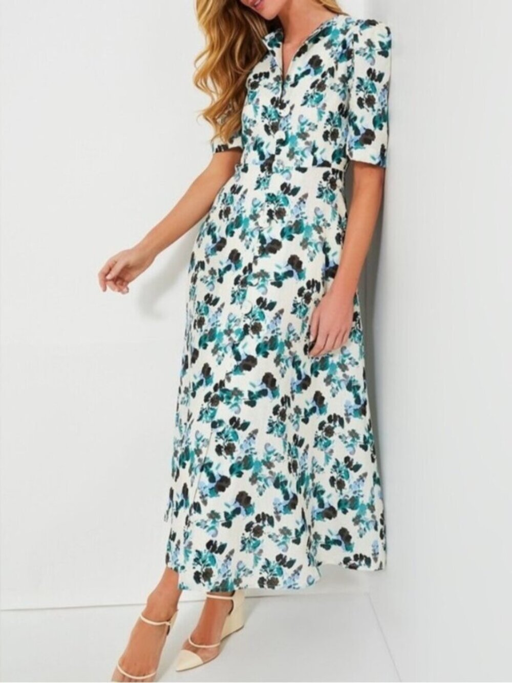 Tuckernuck Budding Bluebell Hadley Linen Maxi Floral Dress Green White XL